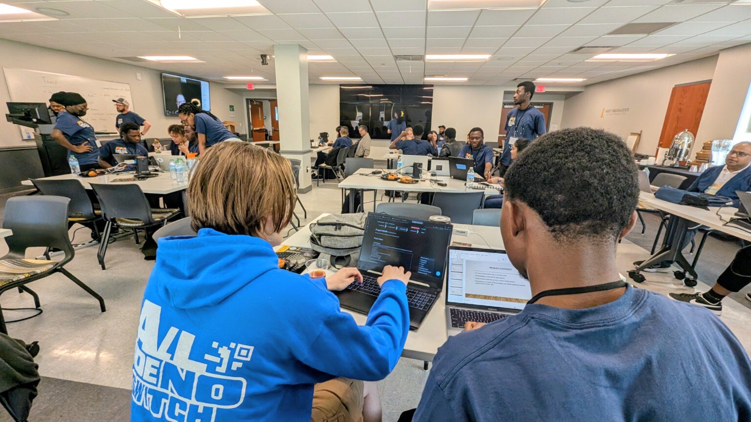 Students building at the WVSU Cybersecurity Innovation Center Hackathon in April 2026