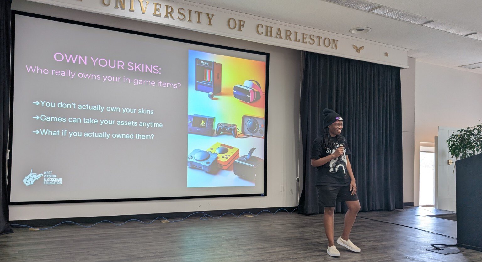 Shekinah Apedo teaching digital ownership and blockchain in gaming at the University of Charleston